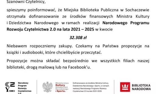 Zdjęcie do Dofinansowanie dla biblioteki